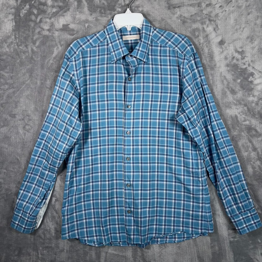 Ermenegildo Zegna Button Up Shirt Mens Large Blue Plaid Dress Cotton Long Sleeve